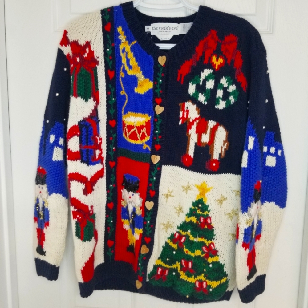 The Eagle's Eye Ugly Christmas Cardigan Womens M Tree/Nutcracker/Ballerina